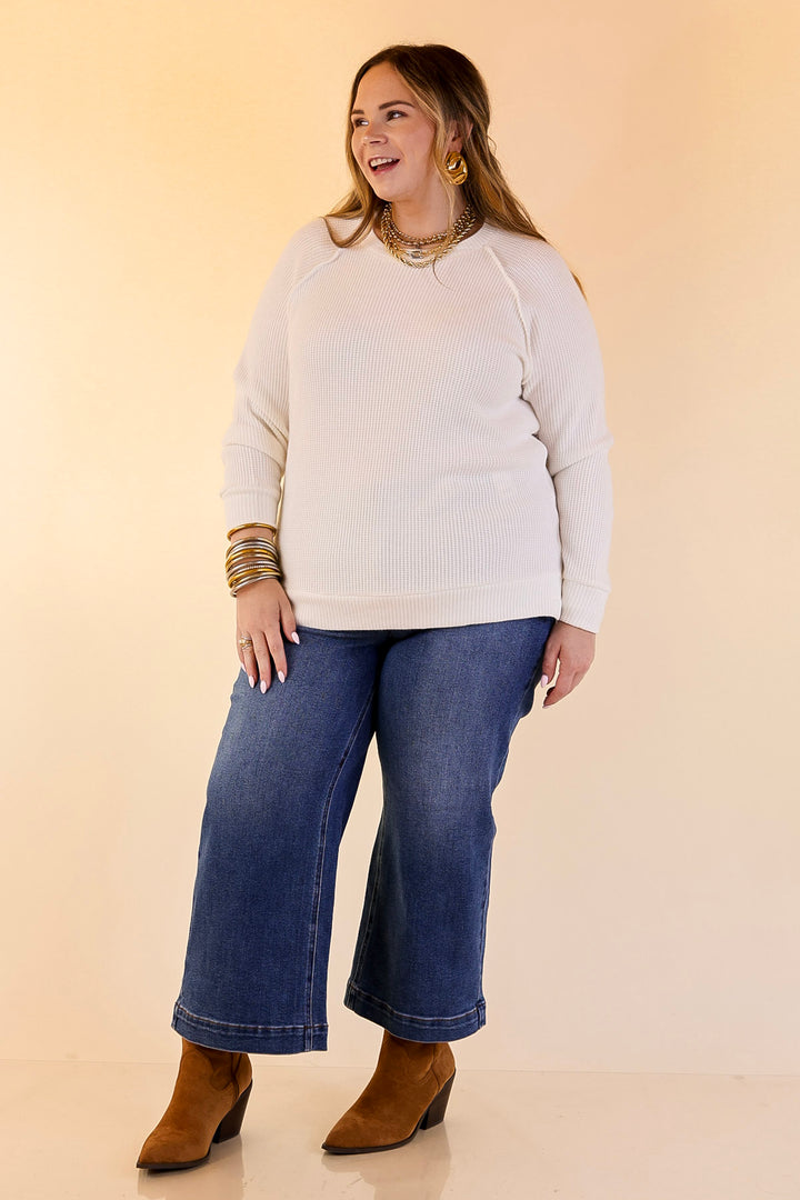 Essentially Chic Waffle Knit Long Sleeve Scoop Neck Top in Ivory