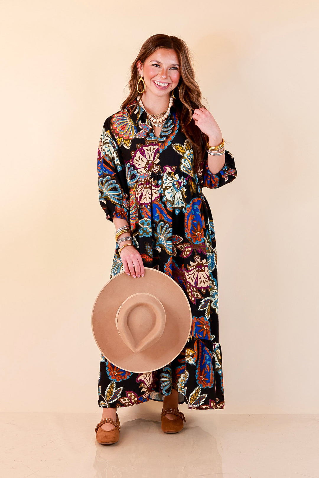 Season of Style Floral Print V Neck 3/4 Sleeve Collared Tiered Midi Dress in Black Multi