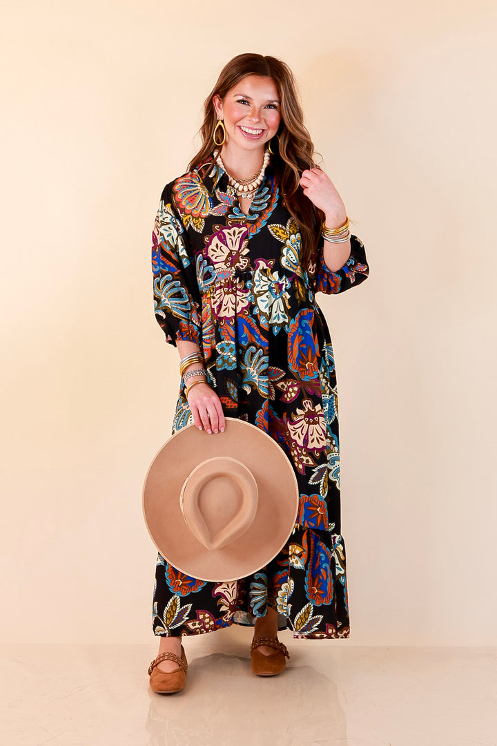 Season of Style Floral Print V Neck 3/4 Sleeve Collared Tiered Midi Dress in Black Multi