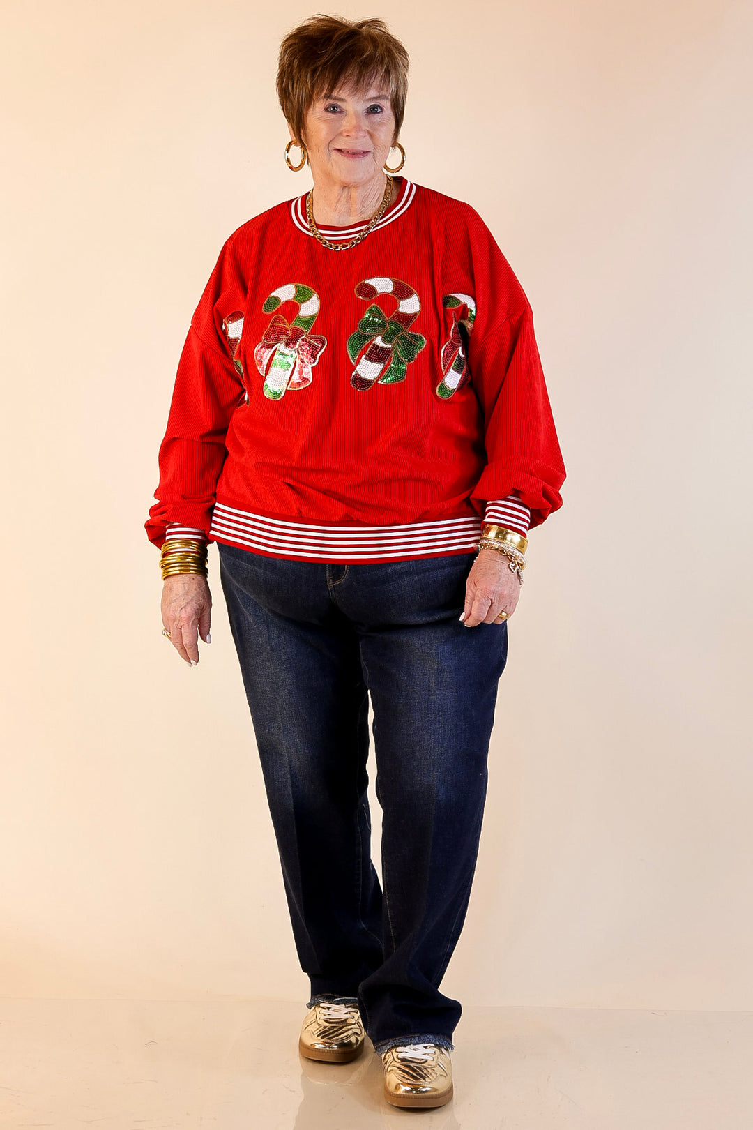 Candy Cane Lane Corduroy Crewneck Top with Side Slits and Sequin Candy Canes with Bows in Red