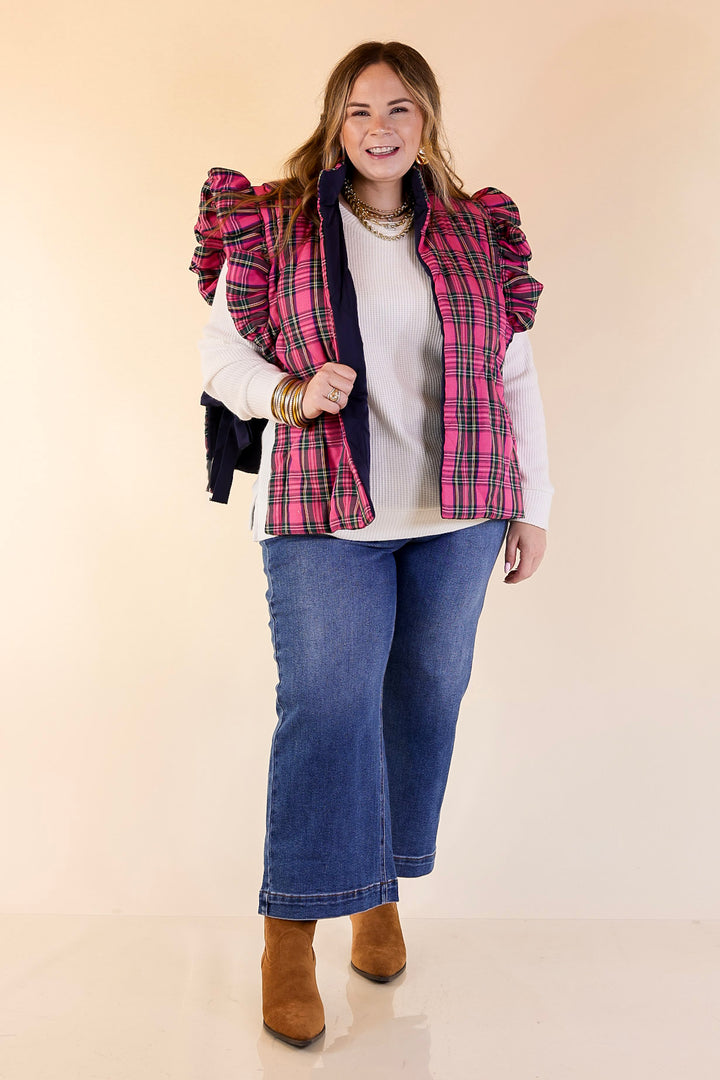 Mud Pie | Jefferies Quilted Plaid Reversible Vest with Ruffle Cap Sleeves and Bow Side Closure in Pink