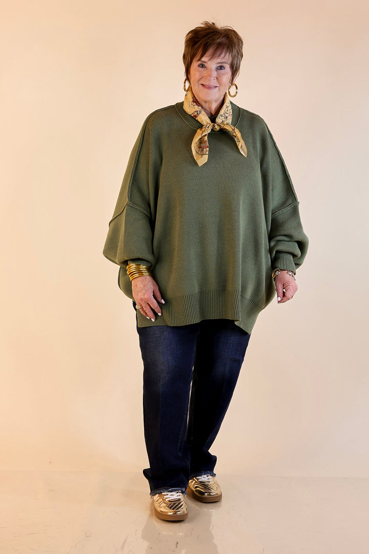 Snug and Stylish Mock Neck Sweater with Side Slit in Olive Green