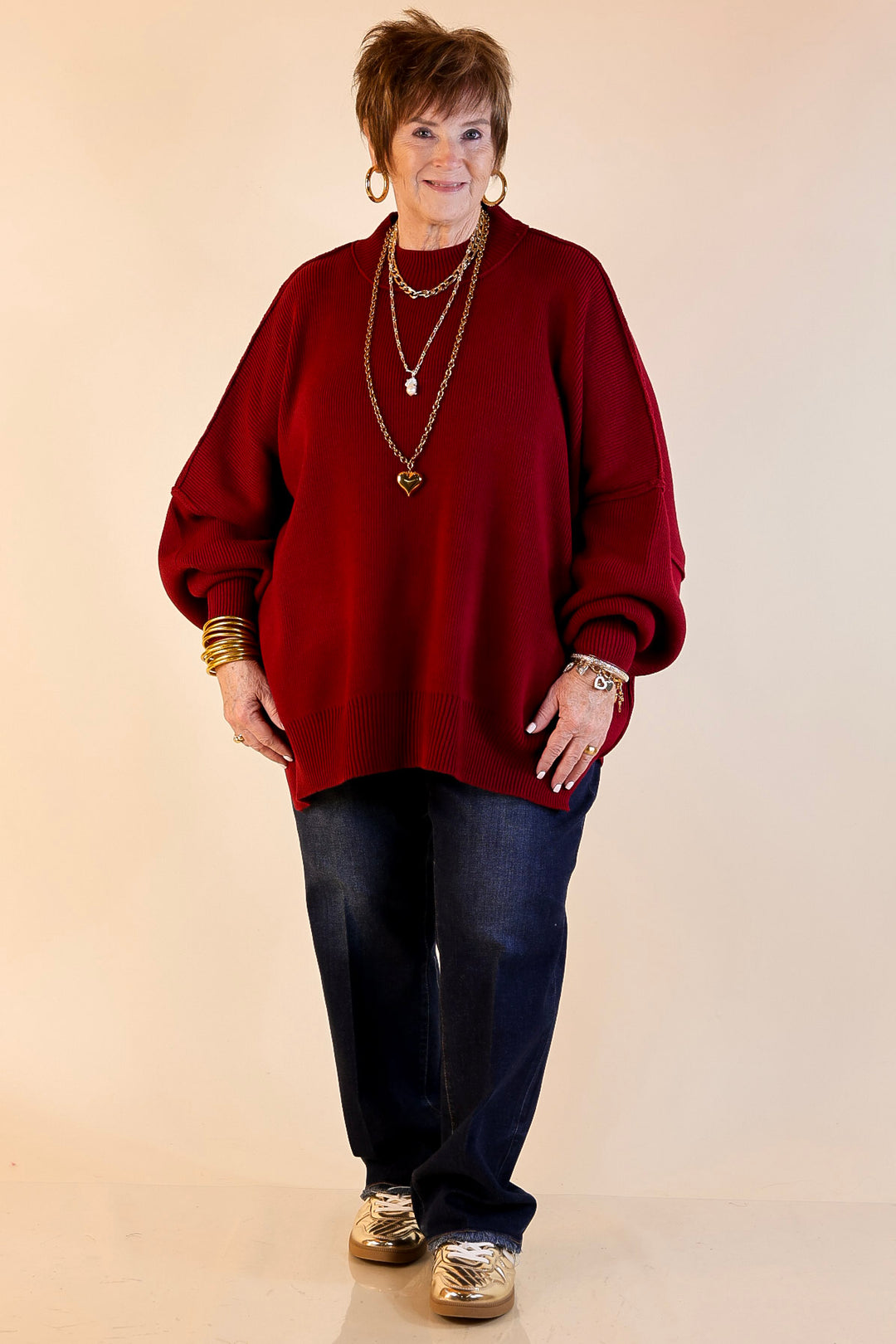 Snug and Stylish Mock Neck Sweater with Side Slit in Maroon