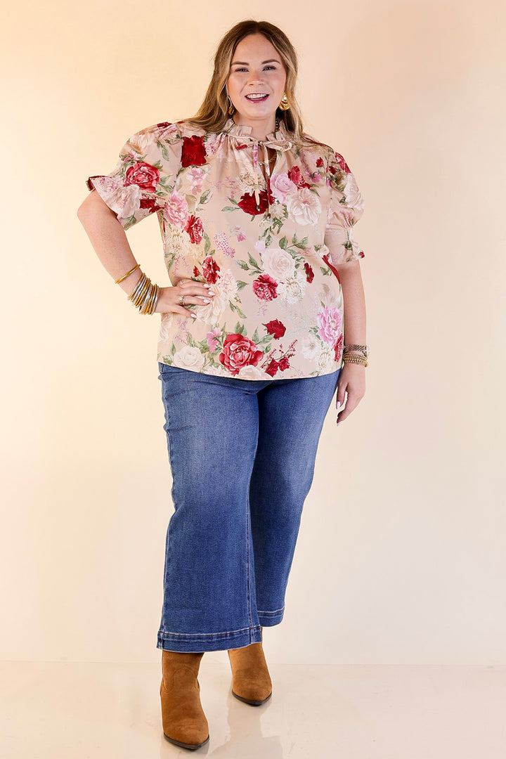 Freshly Picked Floral Print Top with Short Puff Sleeves in Beige