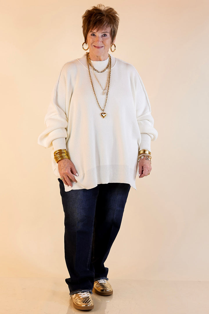 Snug and Stylish Mock Neck Sweater with Side Slit in Ivory