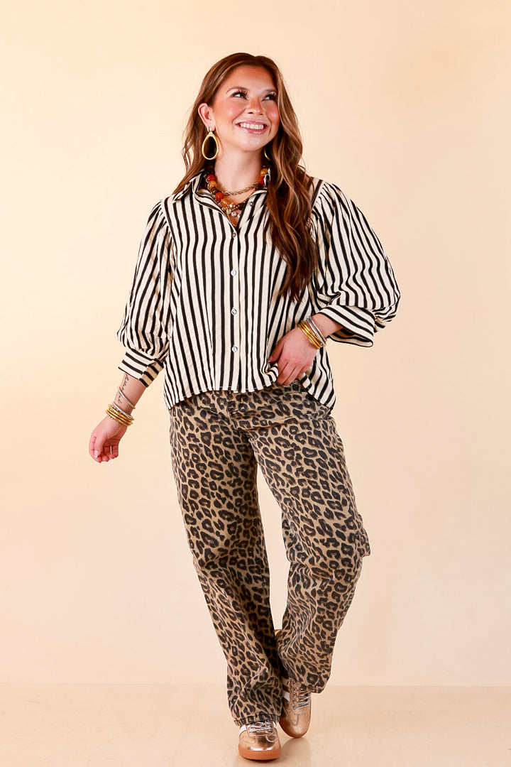 The Bold Type Striped 3/4 Sleeve Button-Up Top in Ivory with Black Stripes