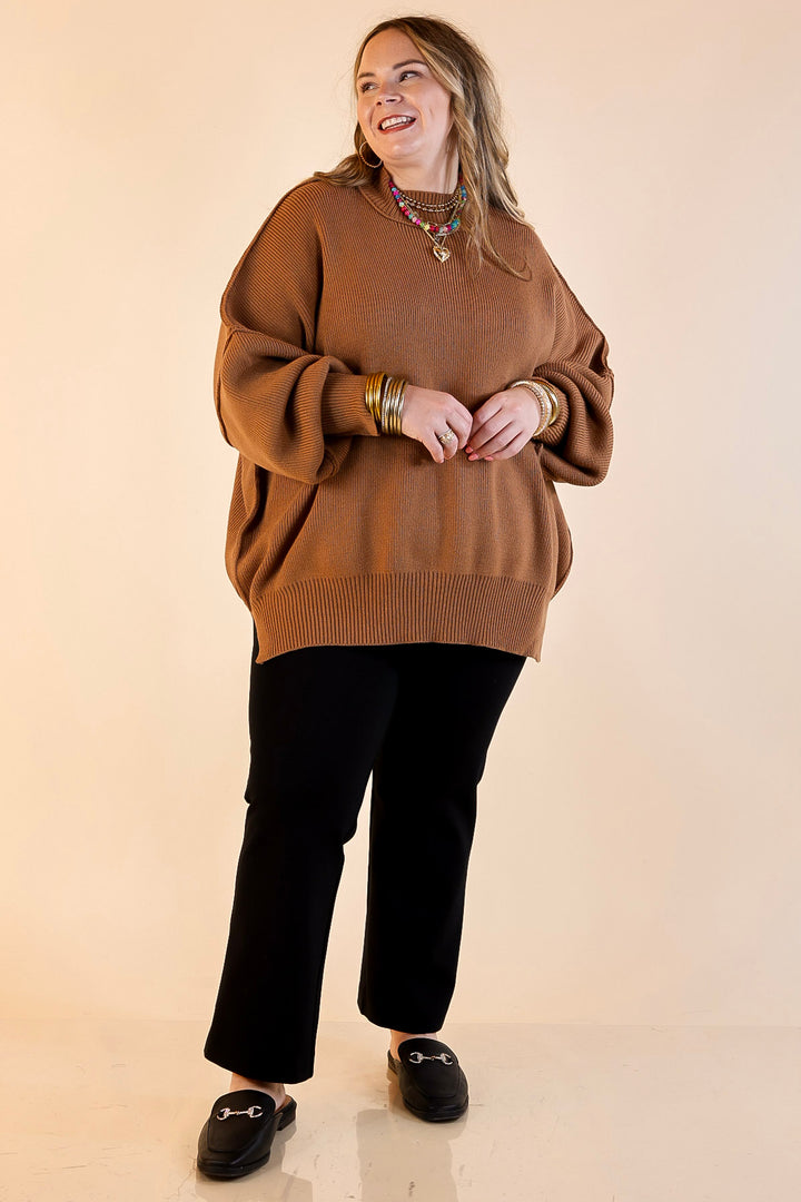 Snug and Stylish Mock Neck Sweater with Side Slit in Camel Brown