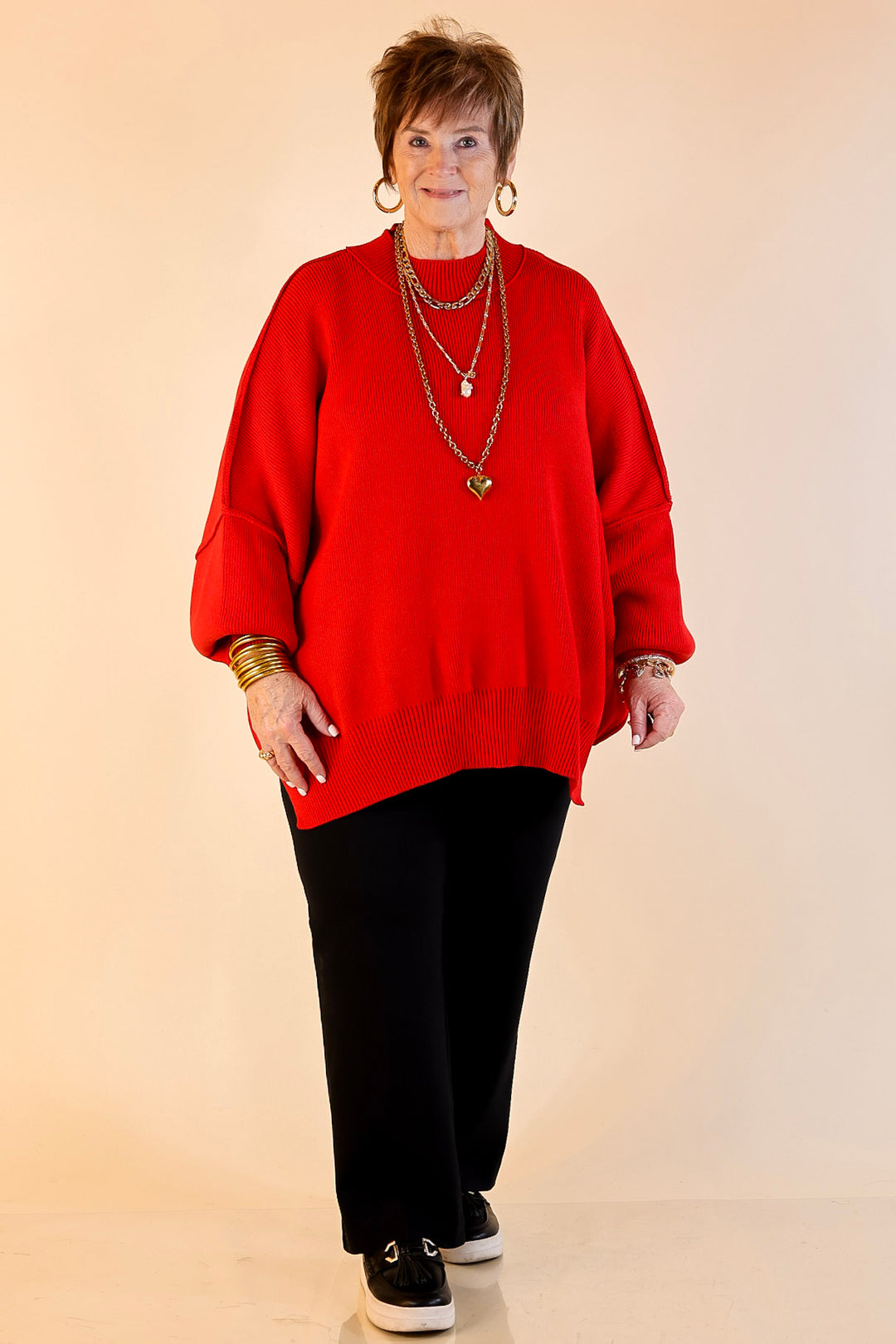 Snug and Stylish Mock Neck Sweater with Side Slit in Ruby Red