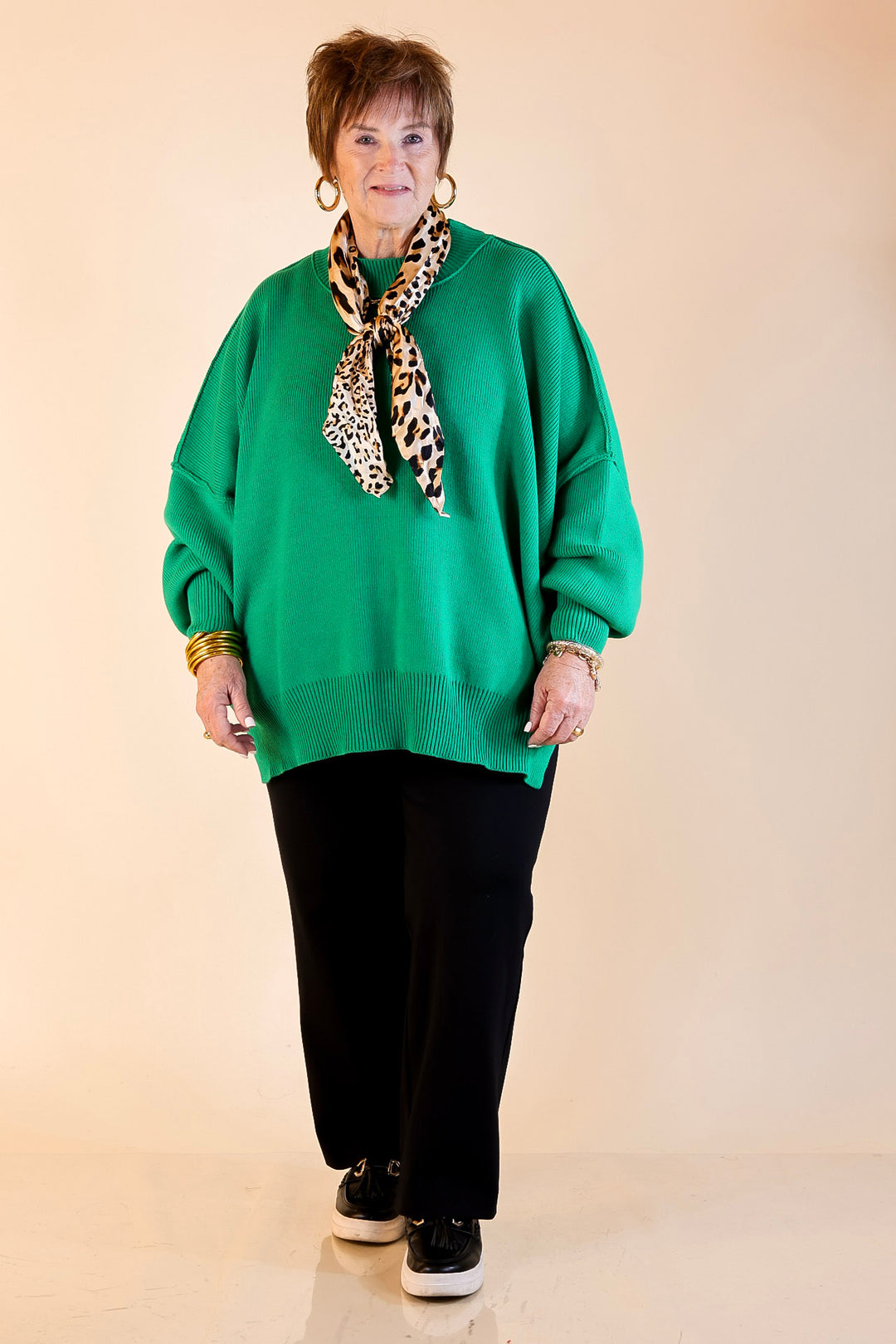 Snug and Stylish Mock Neck Sweater with Side Slit in Kelly Green