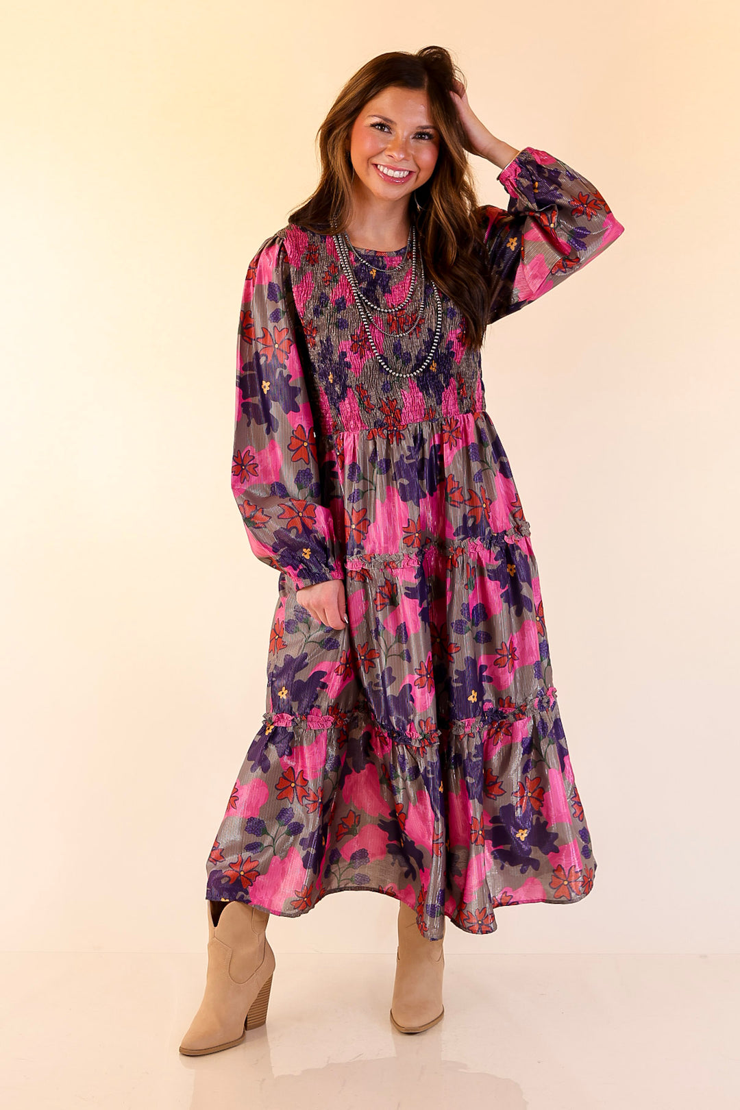 Mud Pie | Shaffer Smocked Bodice Long Sleeve Midi Dress with Tiered Skirt in Pink Mix