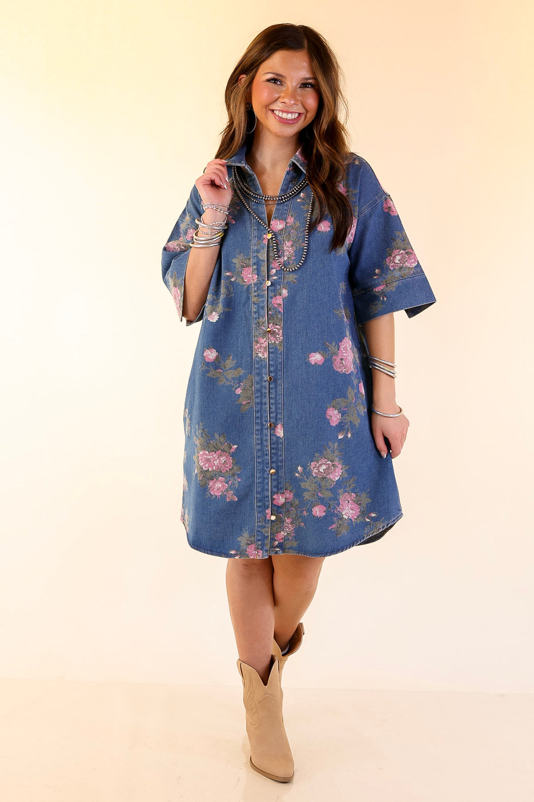 Flirting with Florals Floral Denim Shirt Dress with Gold Button Detail in Classic Blue Denim