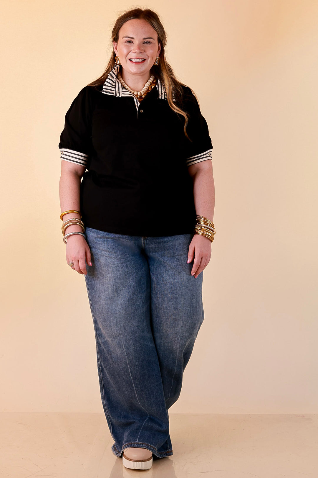 Refined Edge Short Puff Sleeve Top with Striped Collar in Black