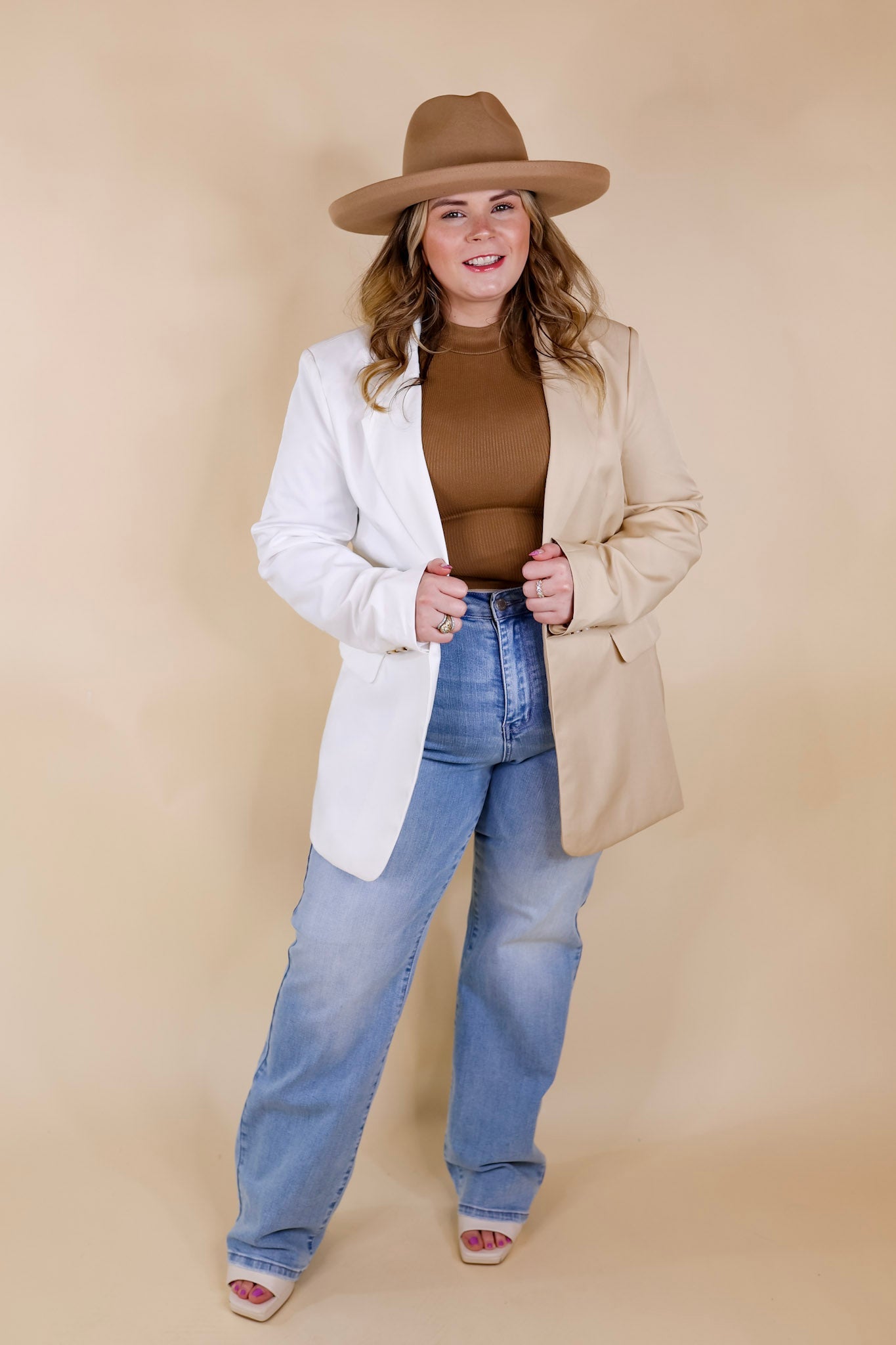Expect First Class Long Sleeve Color Block Blazer in Beige and White - Giddy Up Glamour Boutique
