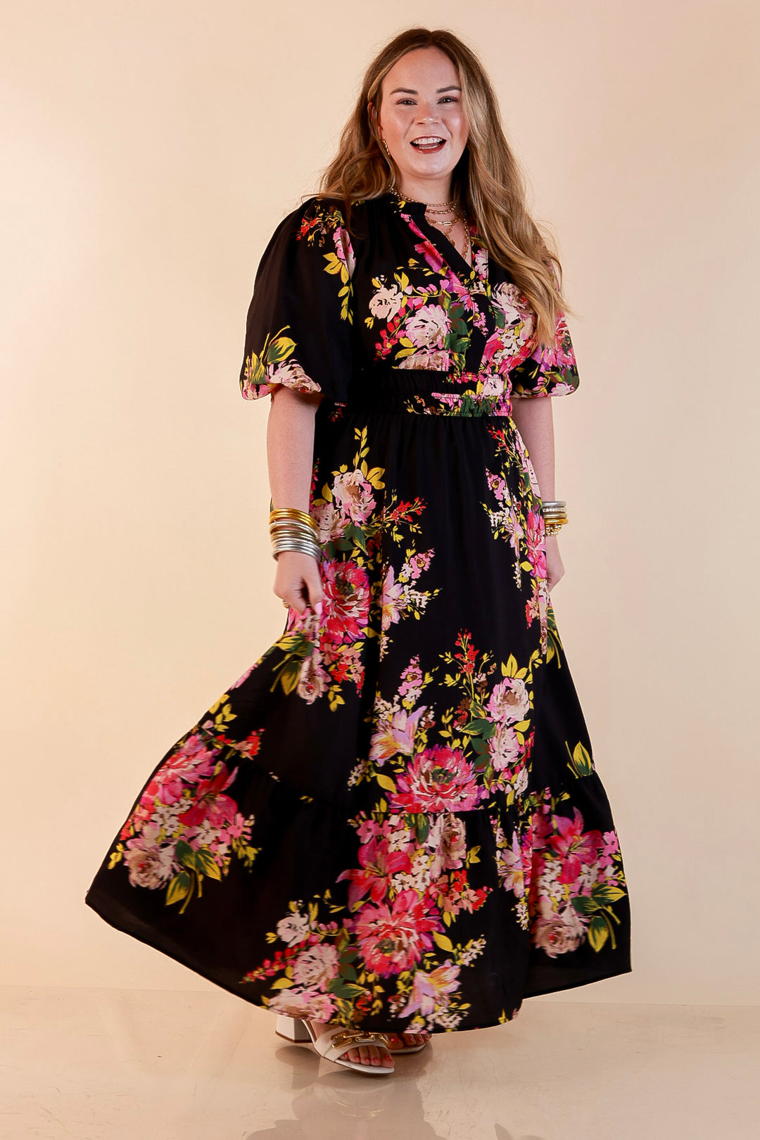 Reserved for Brunch Puff Sleeve Smocked Waist Floral Maxi Dress in Black Multi