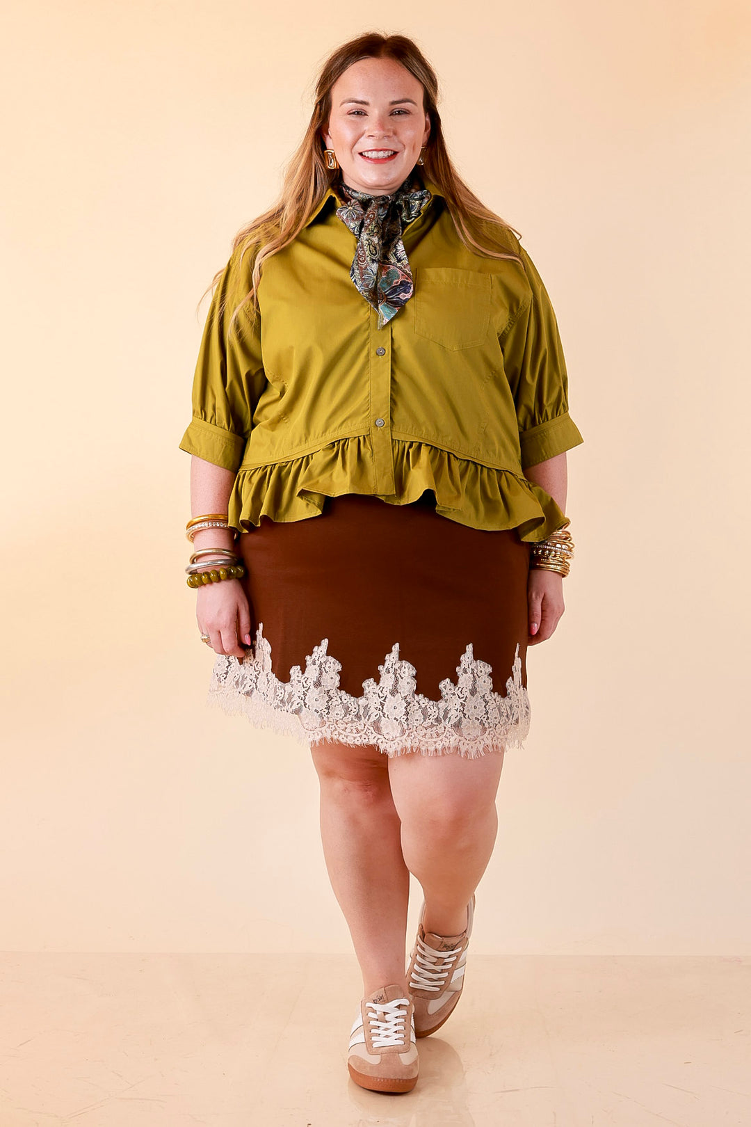 Style Agenda Solid Button Down Peplum Top in Chartreuse Olive Green