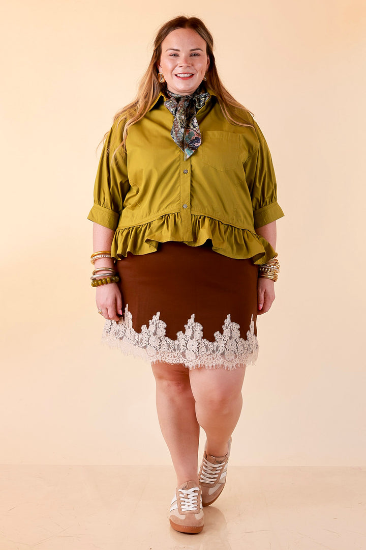 Style Agenda Solid Button Down Peplum Top in Chartreuse Olive Green