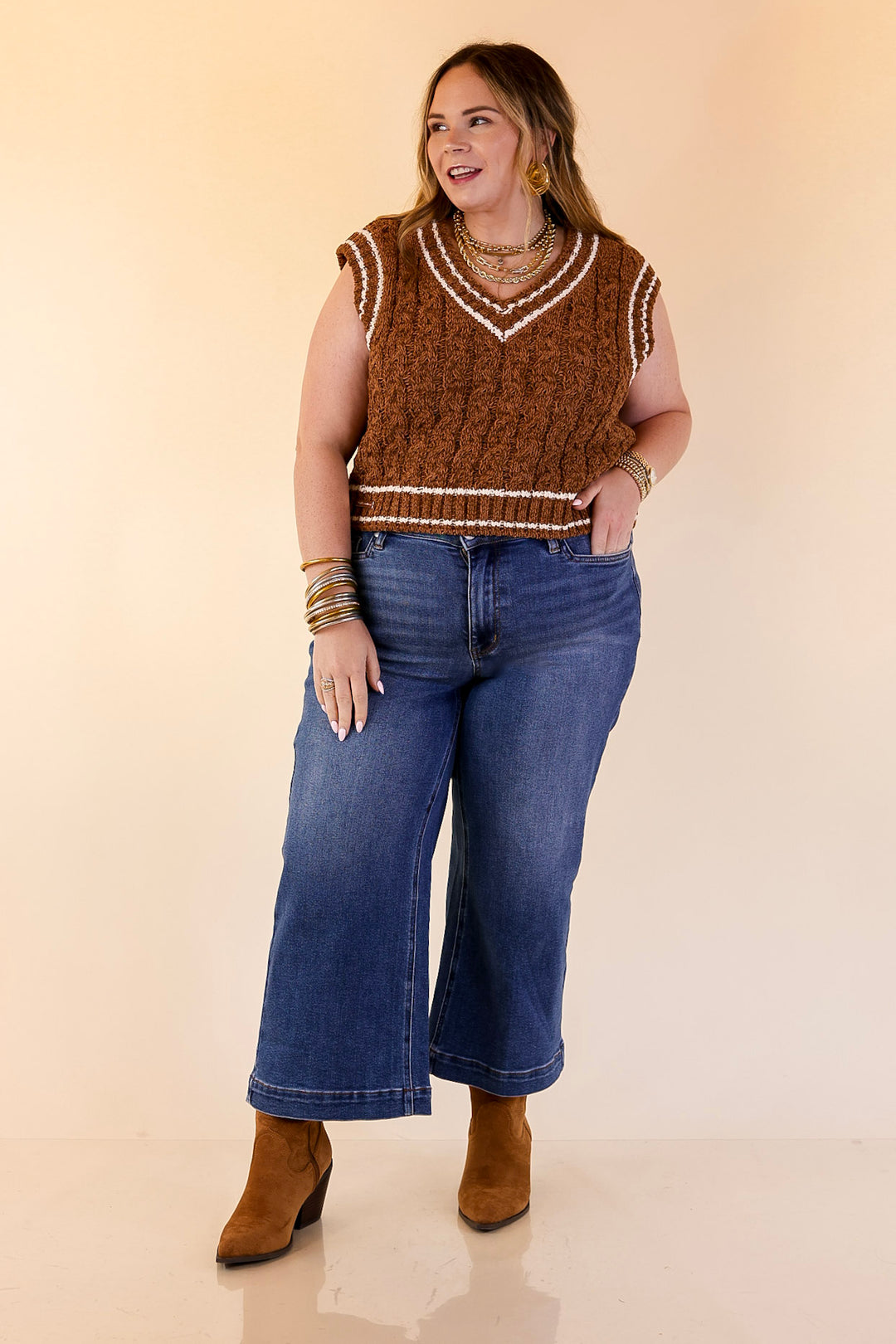 Simply Southern | Bliss Cable Knit Teddy Sweater Vest with V-Neckline and Contrast Trim in Umber Brown