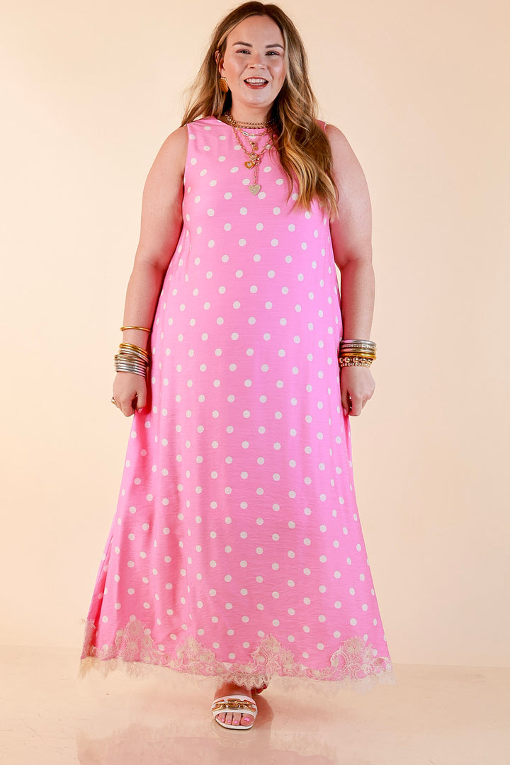 Sweet Little Something Polka Dot Sleeveless Maxi Dress with Lace Trim in Pink