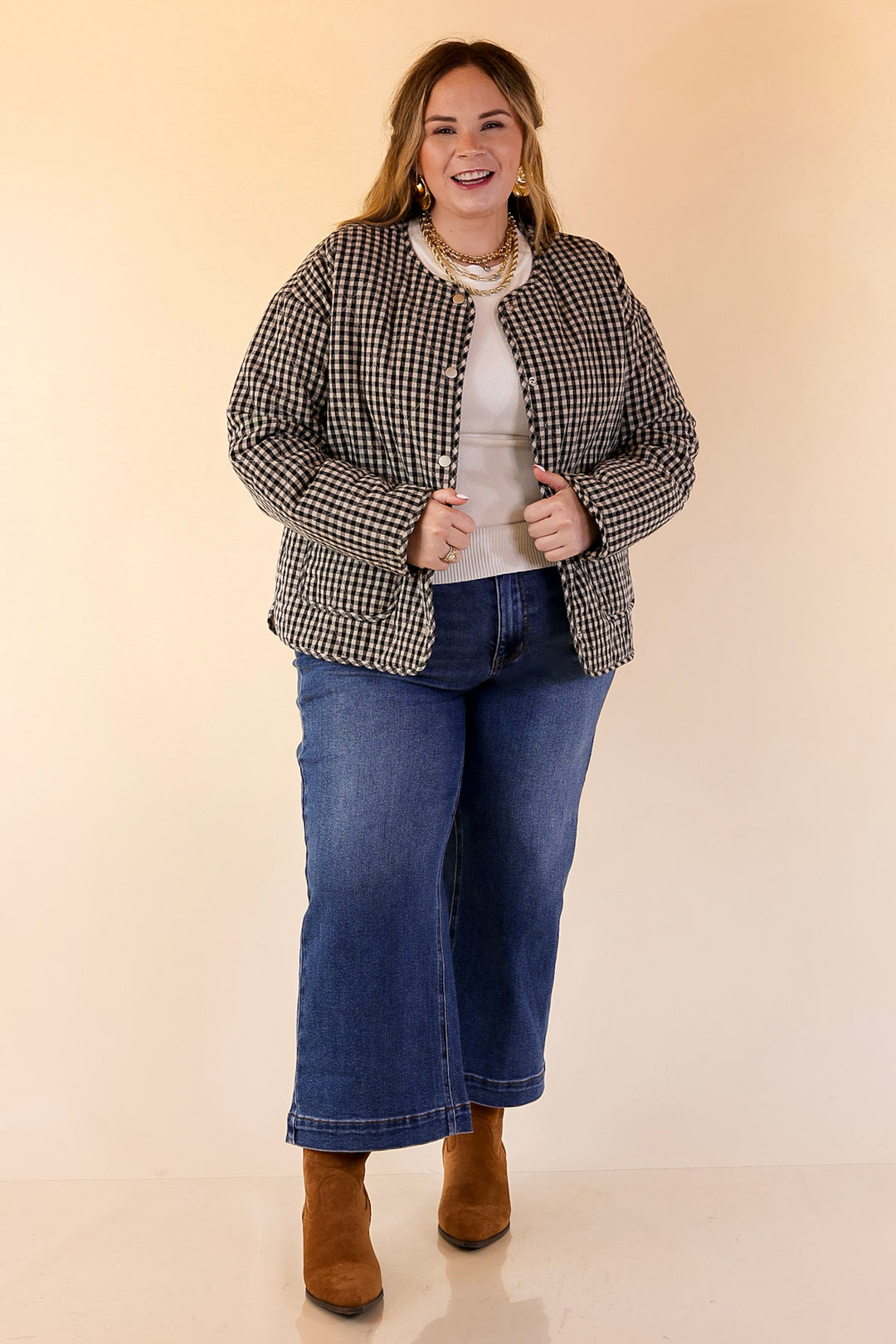 Check it Twice Quilted Gingham Plaid Jacket in Ivory and Black