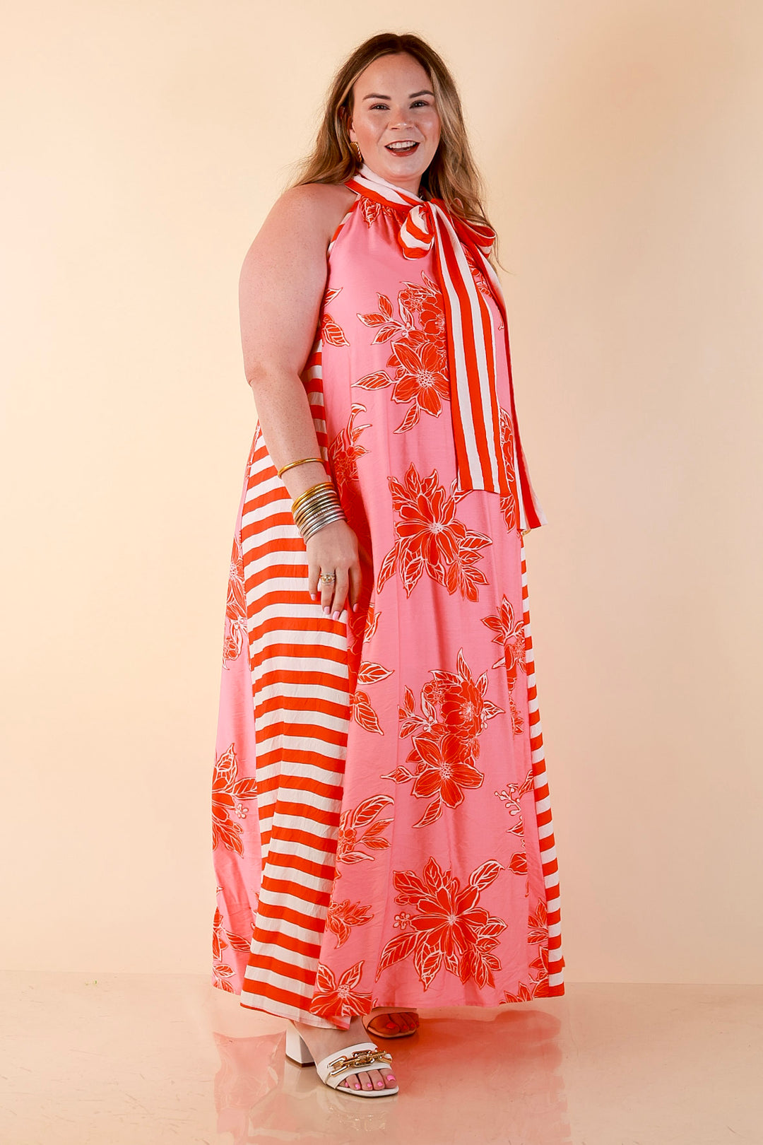 Meet Me in Palm Beach Floral Print Halter Maxi Dress with Adjustable Bow Tie Neck in Pink and Orange