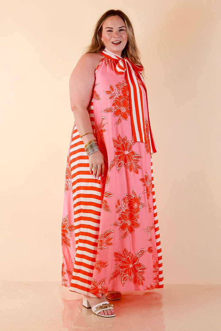 Meet Me in Palm Beach Floral Print Halter Maxi Dress with Adjustable Bow Tie Neck in Pink and Orange