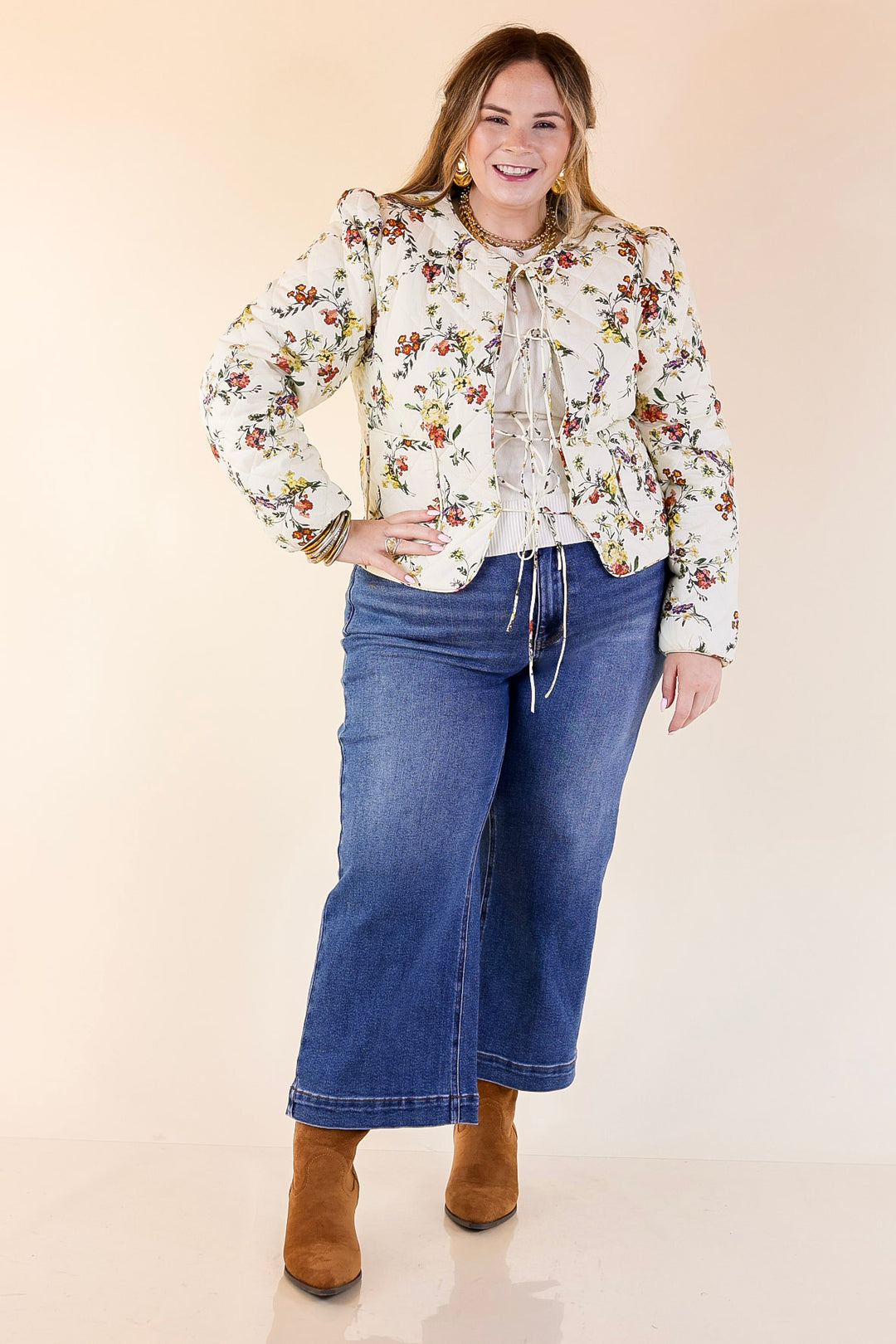 Chic in Bloom Quilted Floral Jacket with Front Ties in Ivory