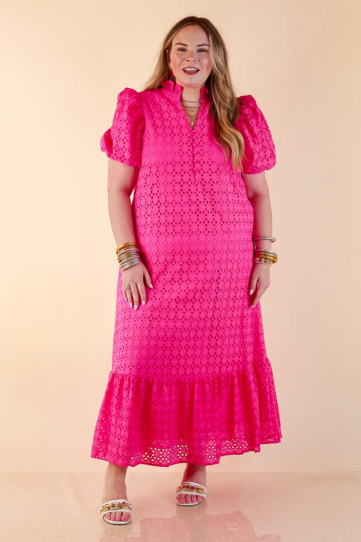 Meet Me at Sunset Eyelet Lace Puff Sleeve Tiered Maxi Dress in Hot Pink
