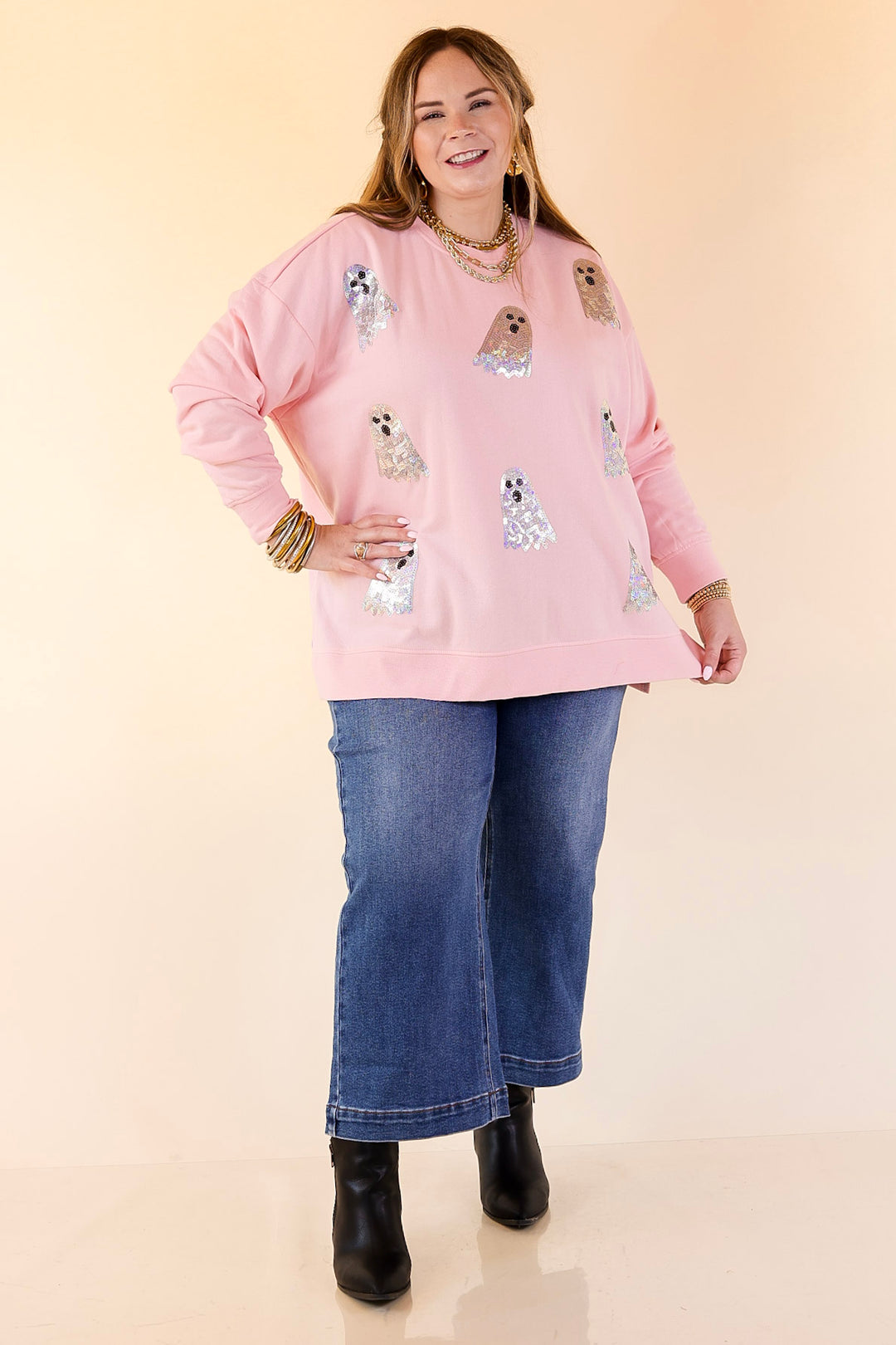 Mud Pie | Too Cute to Spook Crew Neck Sweatshirt with Side Slits and Sequin Ghosts in Pink