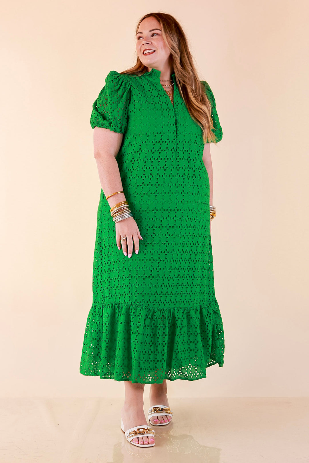 Meet Me at Sunset Eyelet Lace Puff Sleeve Tiered Maxi Dress in Green M