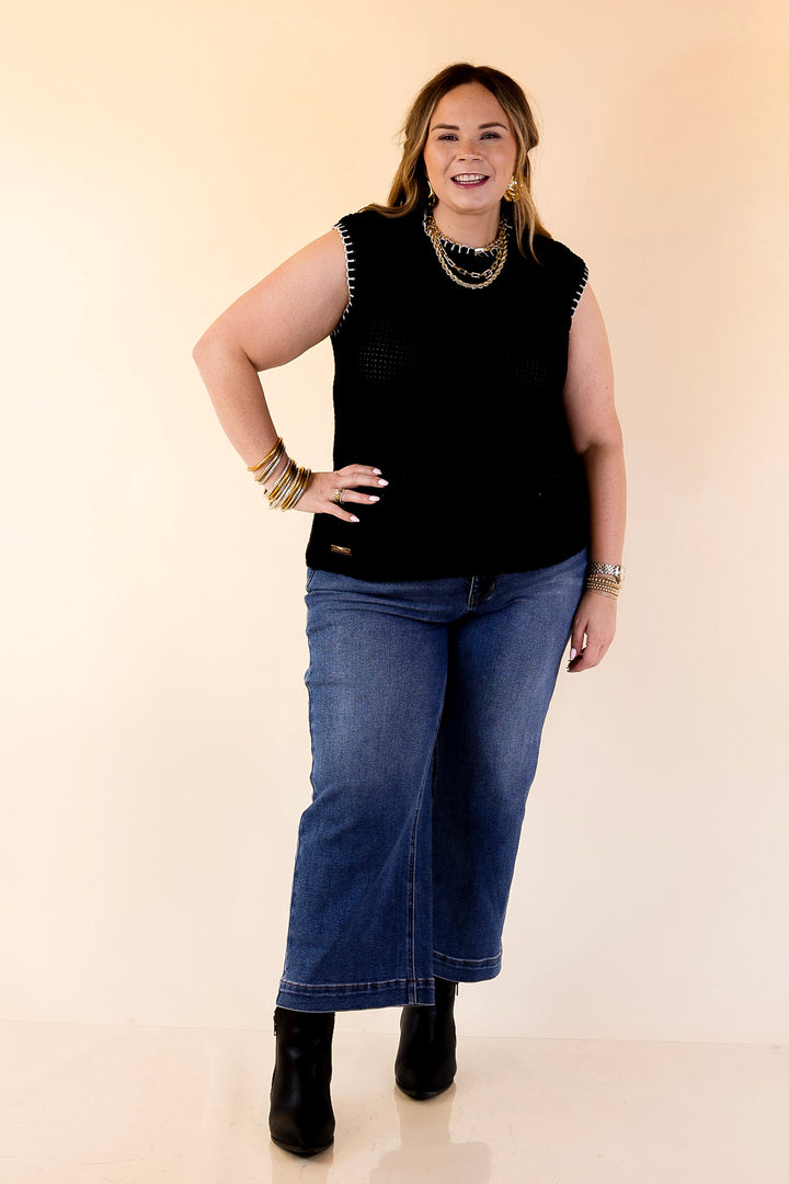 Simply Southern | Olivia Large Knit Sweater Vest with Contrast White Stitching in Black