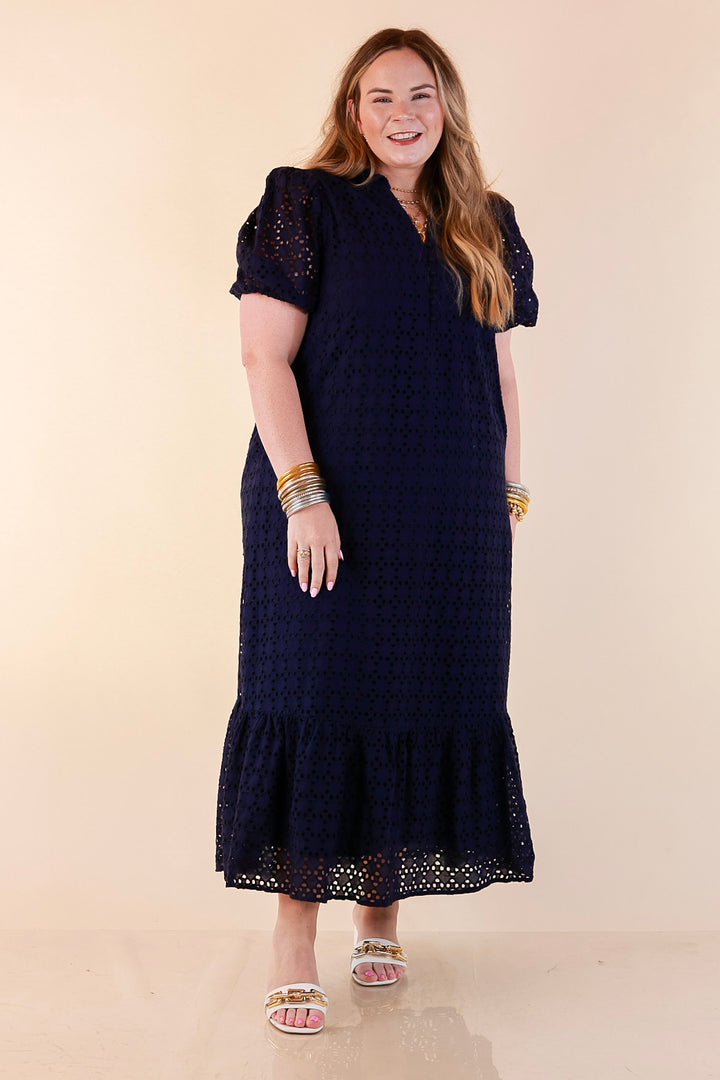 Meet Me at Sunset Eyelet Lace Puff Sleeve Tiered Maxi Dress in Navy Blue
