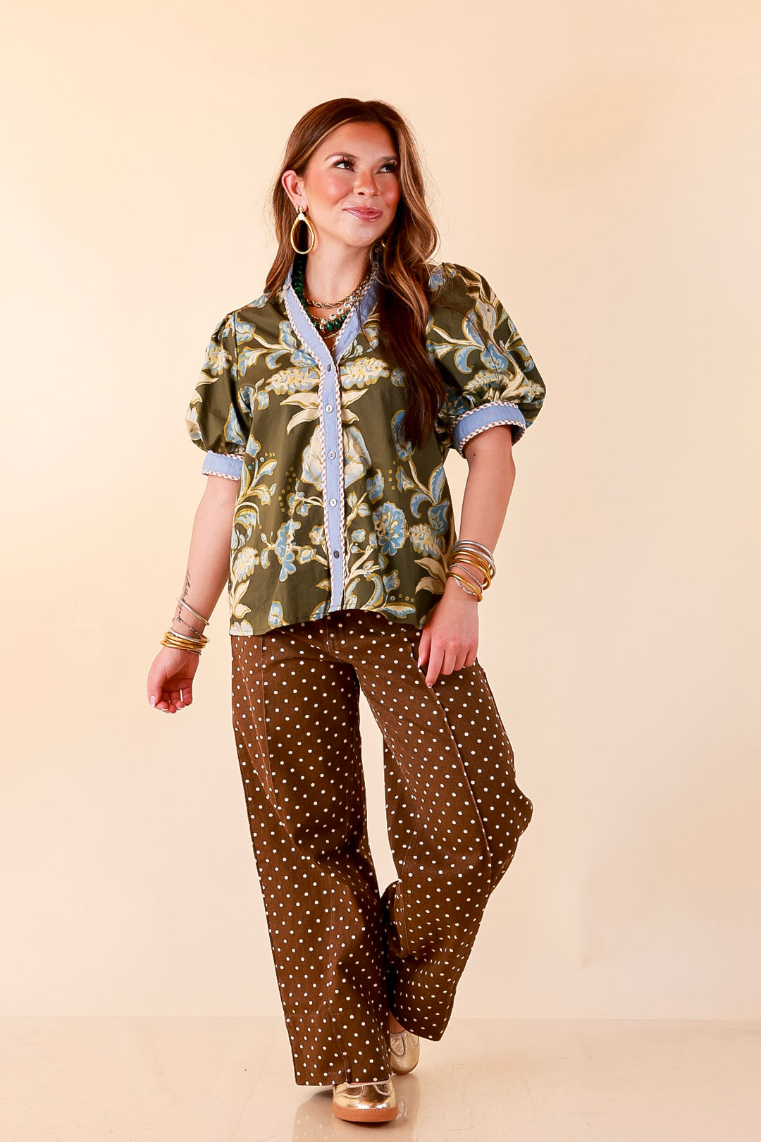 Pop of Polish Short Puff Sleeve Button Front Floral Top with Contrast Trim in Olive Green and Blue