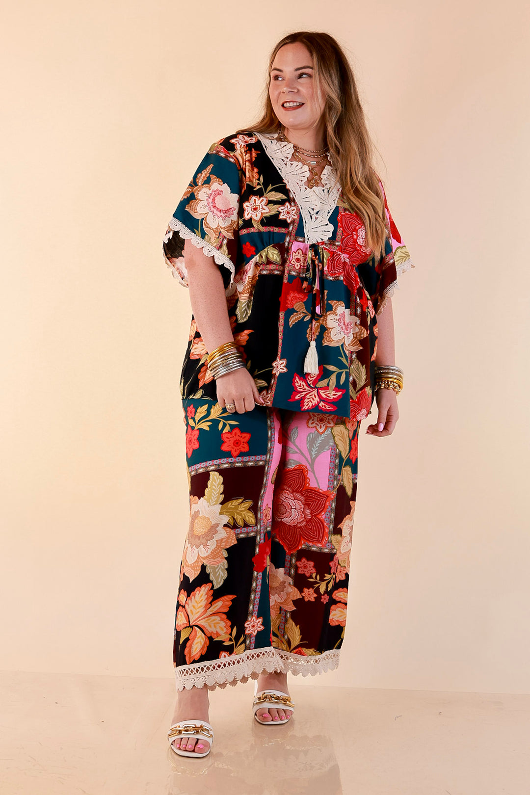 Patchwork Flair Floral Patchwork Print Wide Leg Pants with Lace Trim in Pink Mix
