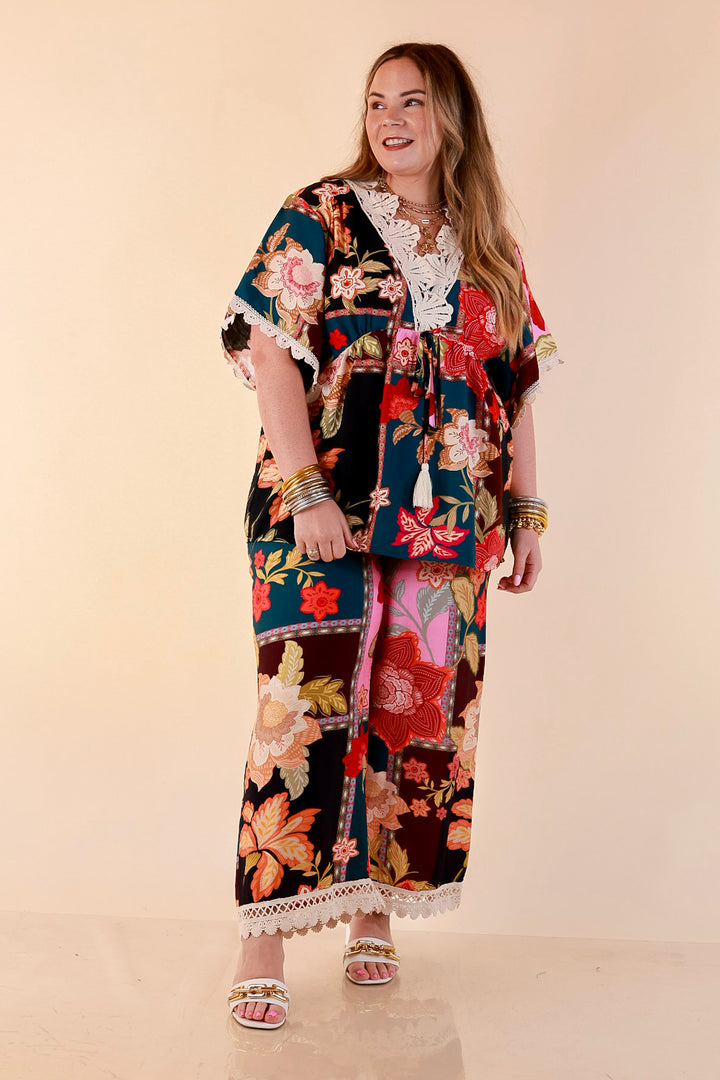 Patchwork Flair Floral Patchwork Print Wide Leg Pants with Lace Trim in Pink Mix