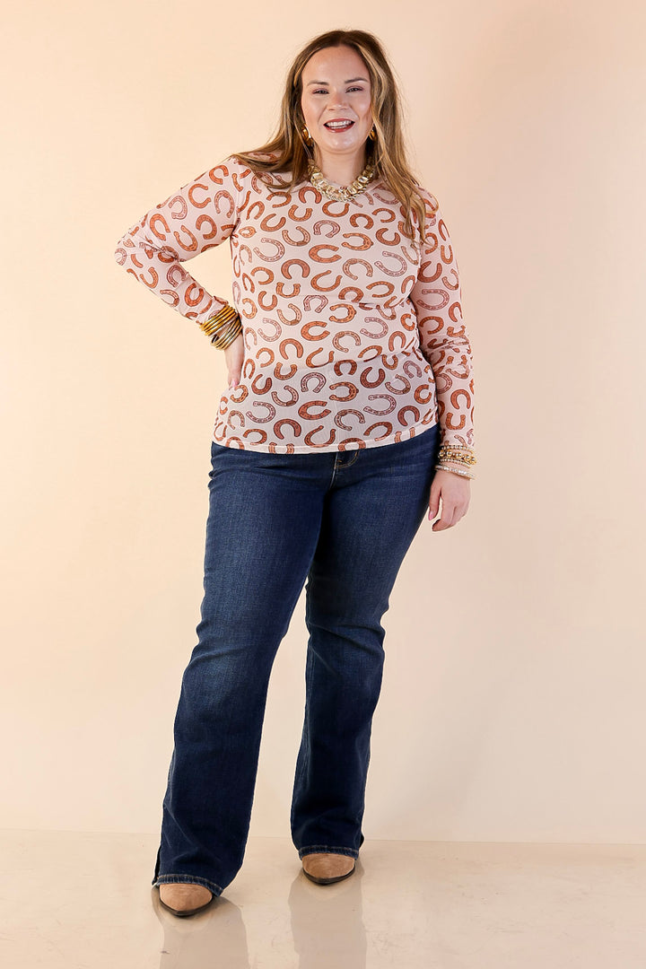The Perfect Layer Horseshoe Print Mesh Long Sleeve Top in Cream and Brown