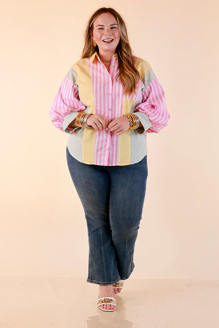Lovely Impression Colorblock Stripe Button Front Top with Balloon Sleeves in Pink, Yellow and Green