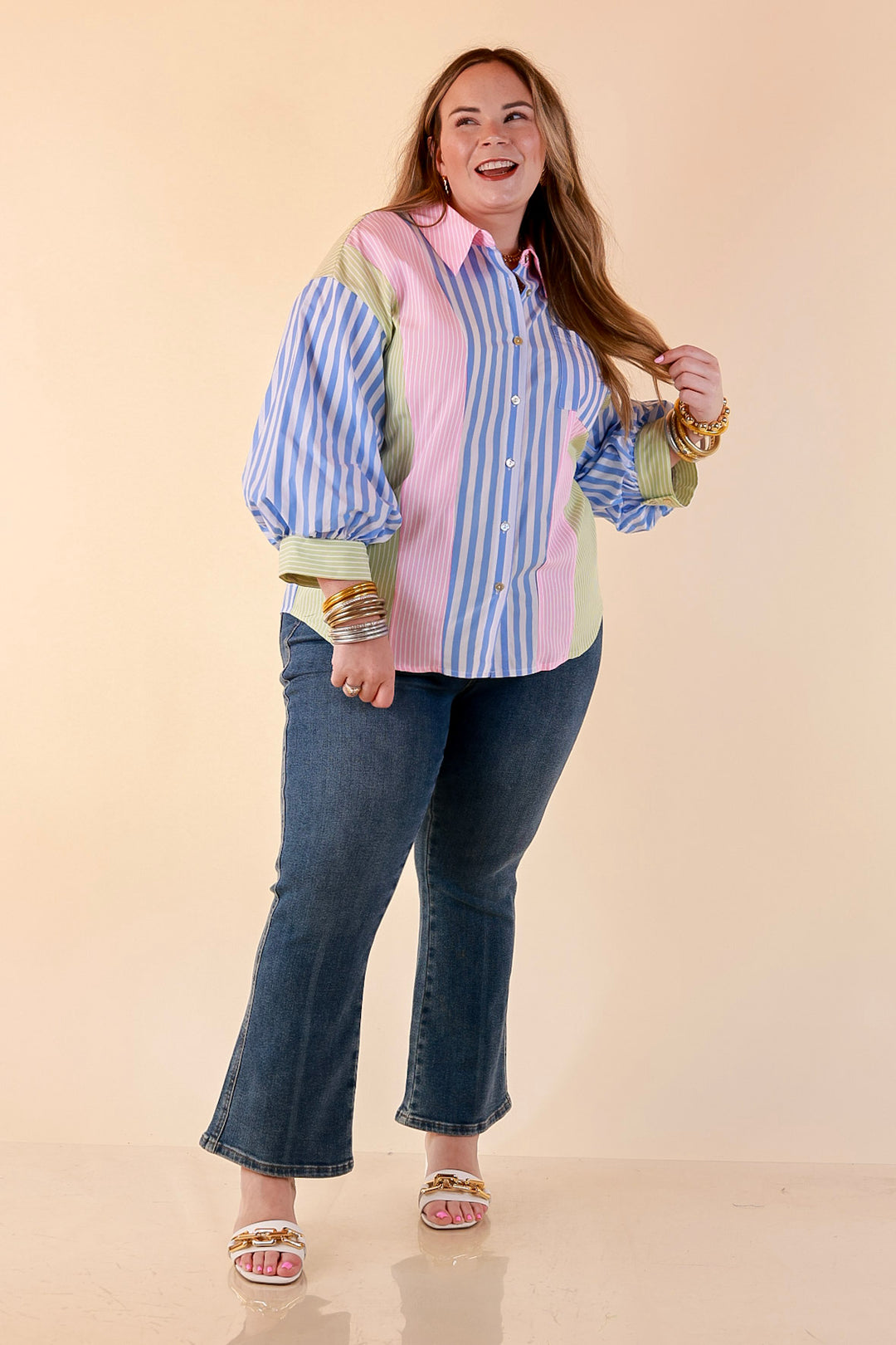 Lovely Impression Colorblock Stripe Button Front Top with Balloon Sleeves in Pink, Blue and Green