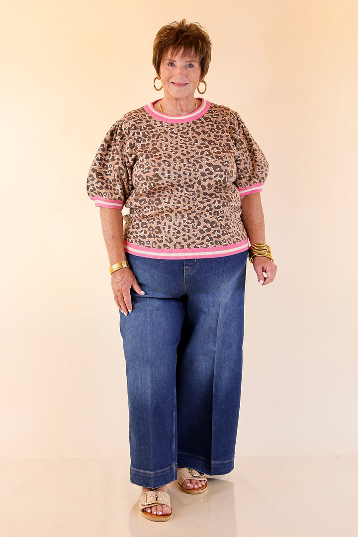 Feline Fine Leopard Print Short Sleeve Sweater with Contrast Trim in Pink