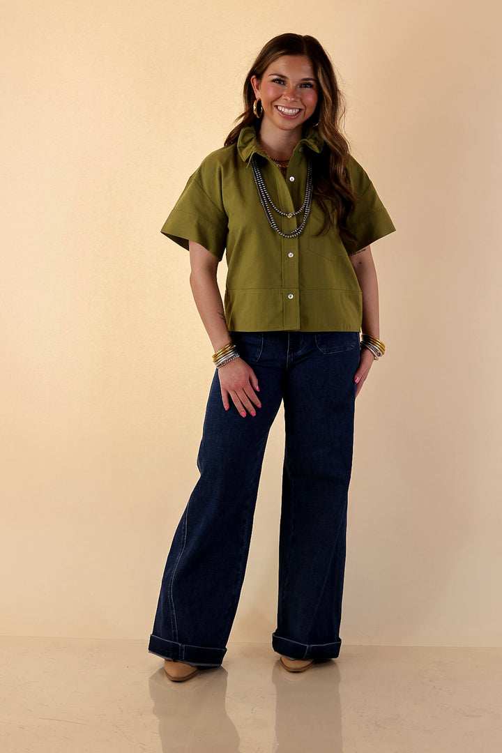 Casual Composure Button Front Short Sleeve Linen Top in Olive Green