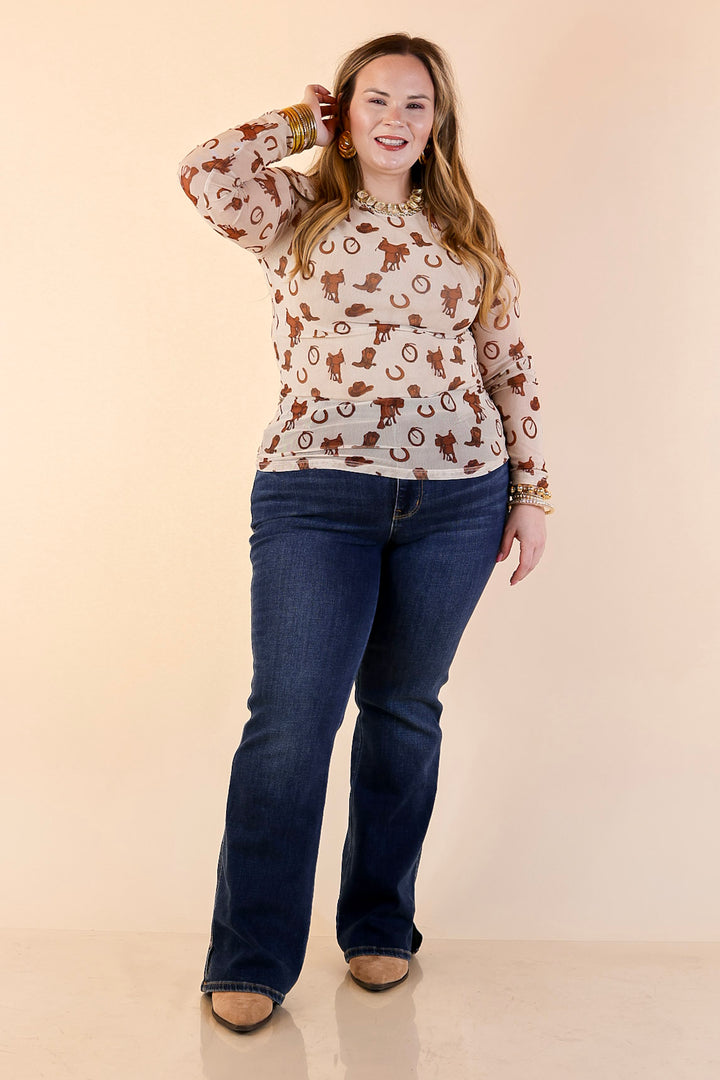 The Perfect Layer Western Icons Print Mesh Long Sleeve Top in Cream and Brown