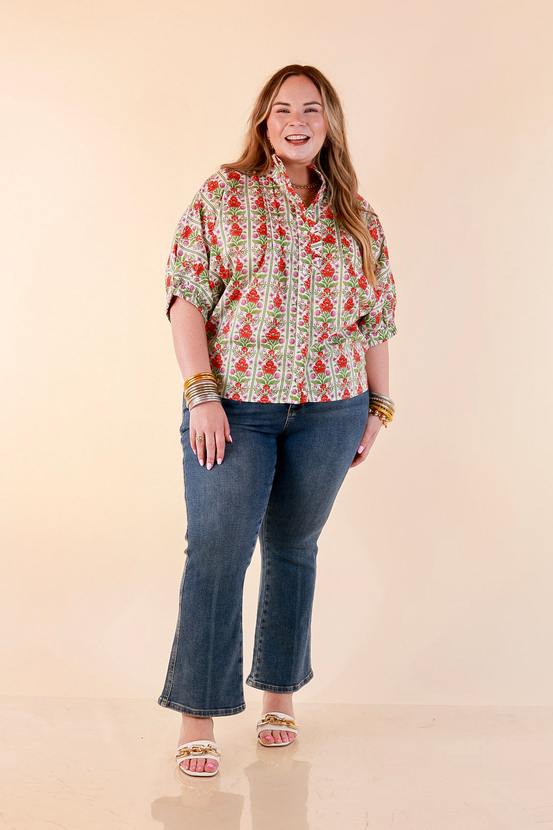 Charming Details Floral Print Button Front Dolman Top with Ruffle Collar in Ivory