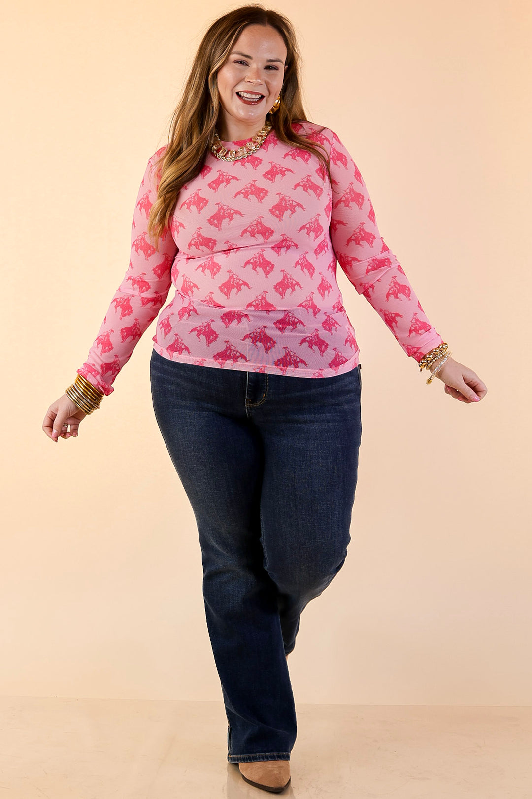 The Perfect Layer Hot Pink Bronc Print Mesh Long Sleeve Top in Pink