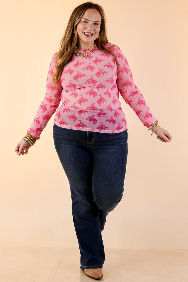The Perfect Layer Hot Pink Bronc Print Mesh Long Sleeve Top in Pink