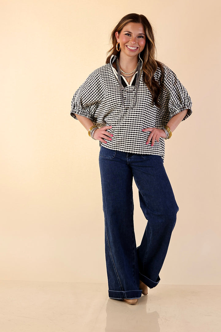 Naturally Stylish Gingham Plaid Top with Contrast Stripe Trim and Short Dolman Sleeves in Black