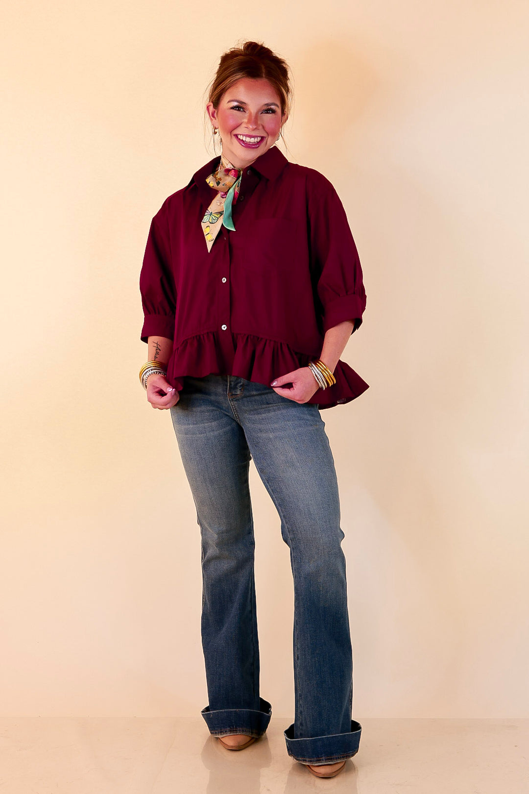 Style Agenda Solid Button Down Peplum Top in Maroon