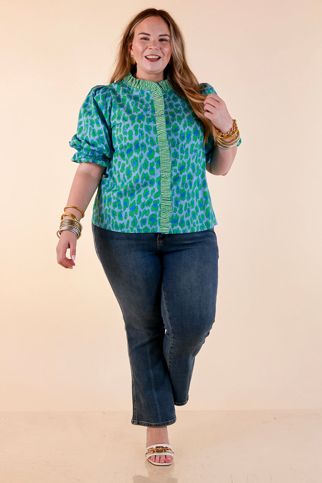 Catch the Compliments Puff Sleeve Ruffle Trim Leopard Print Statement Top in Green and Blue
