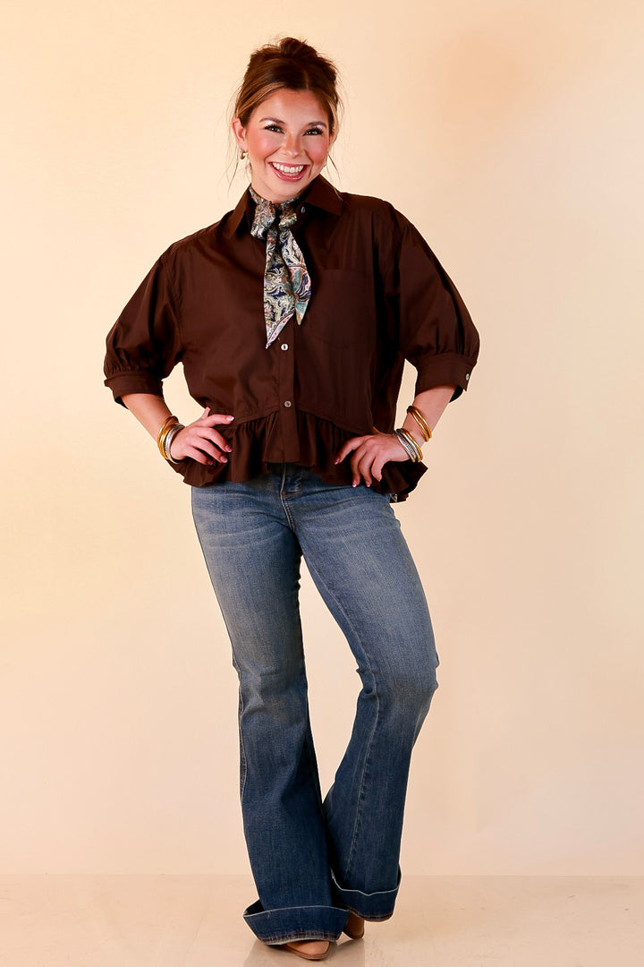 Style Agenda Solid Button Down Peplum Top in Deep Chocolate Brown