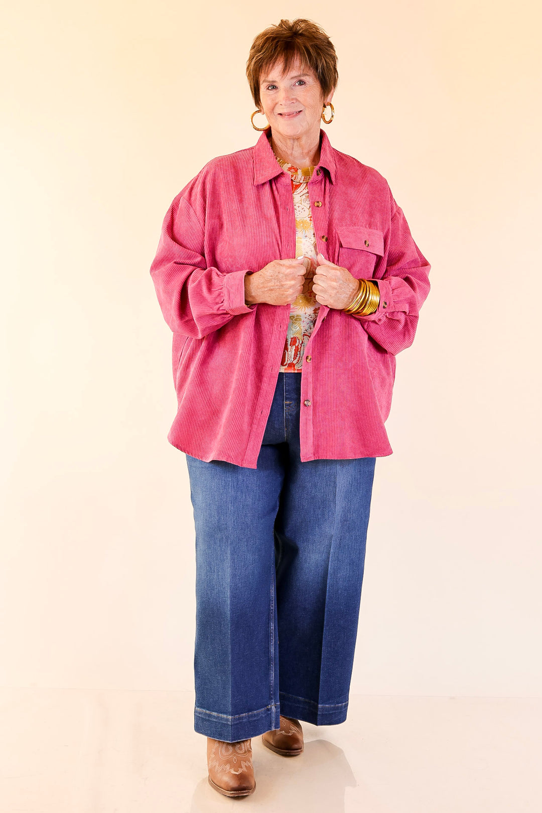 All Dolled Up Button Up Corduroy Shacket in Orchid Pink