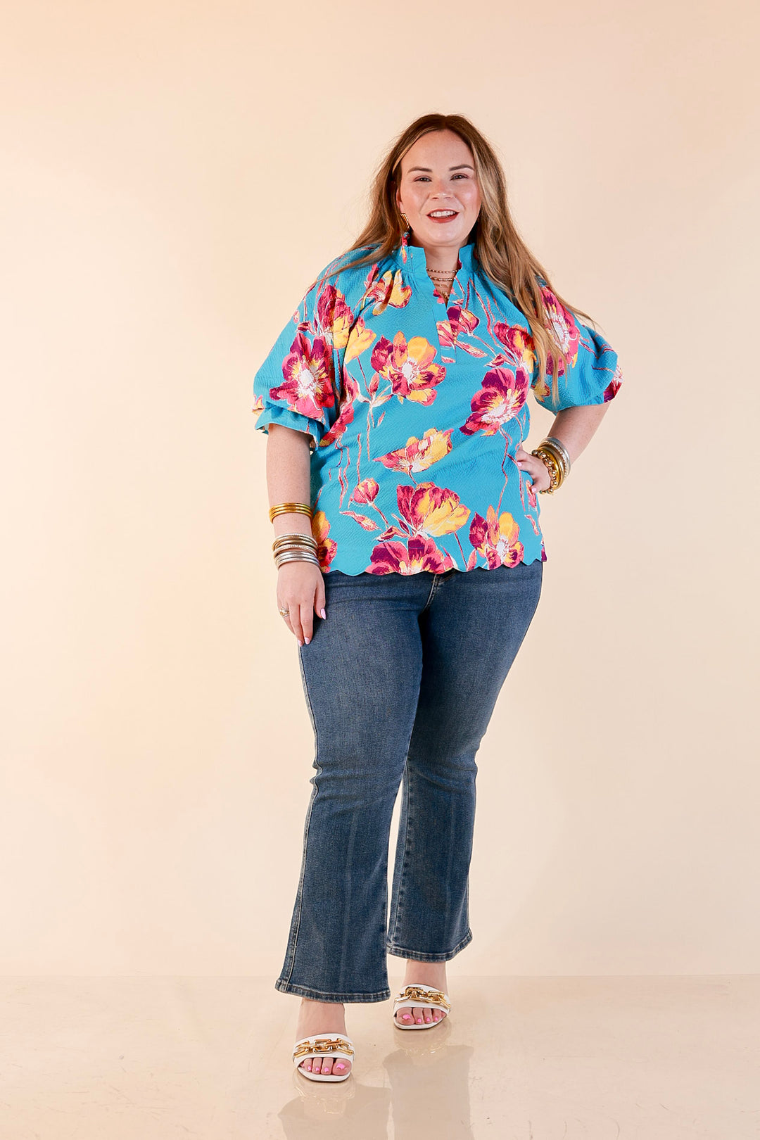 Petal Perfect Floral Print Textured Puff Sleeve Top with Ruffle Split Neckline in Aqua Mix
