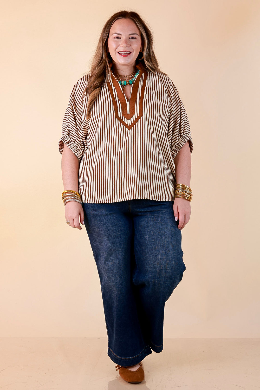 Naturally Stylish Stripe Top with Contrast Stripe Trim and Short Dolman Sleeves in Camel Brown